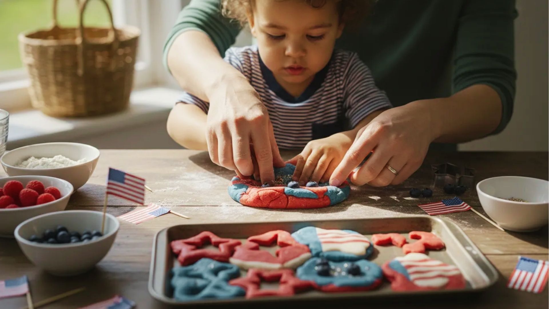 Adult and toddler shape red and blue playdough together into patriotic stars and flags on a wooden table.