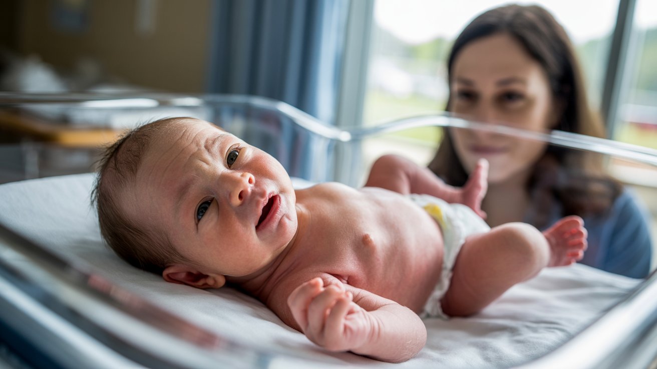 Newborn baby opening eyes for the first time in hospital bassinet with soft daylight and mother nearby in blurred background