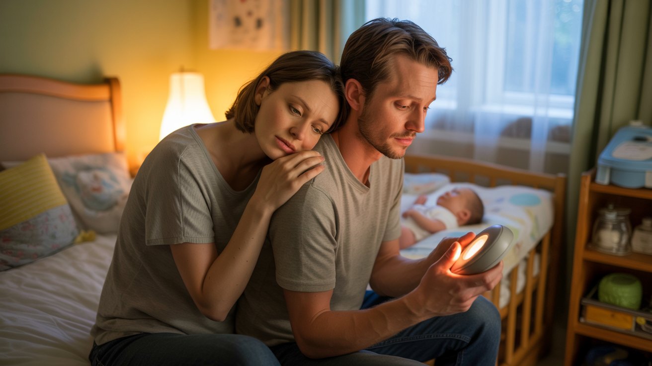 New parents watching their sleeping newborn and worrying about possible illness symptoms