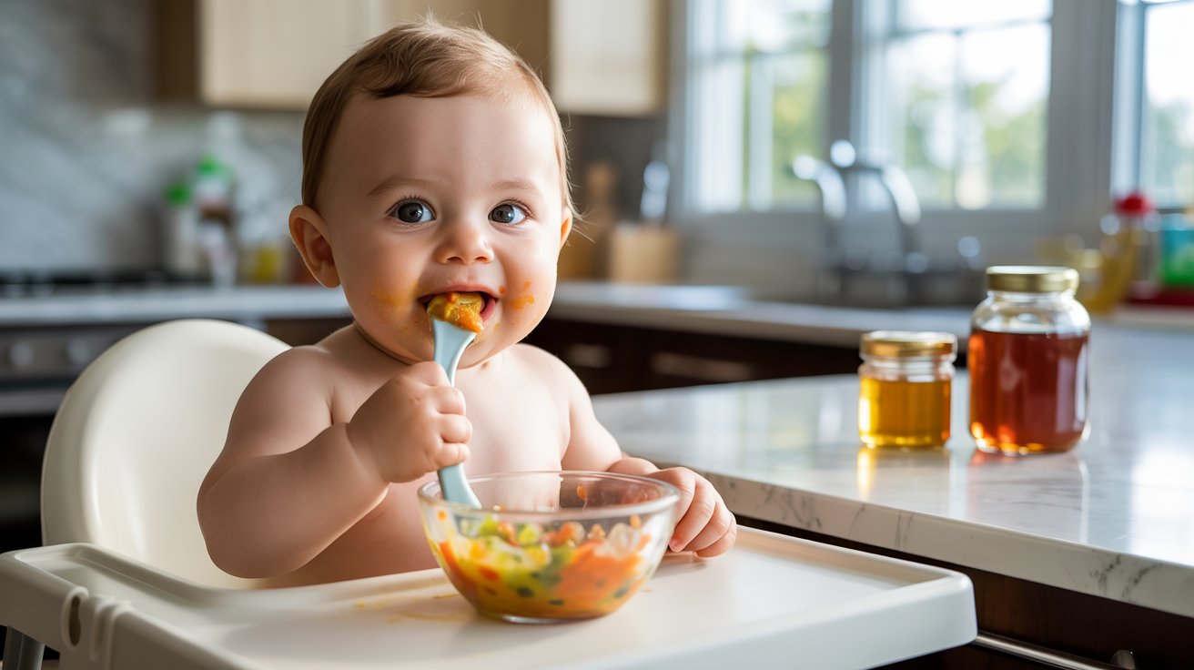 Baby eating healthy food beside separate honey and maple syrup jars in modern kitchen safely