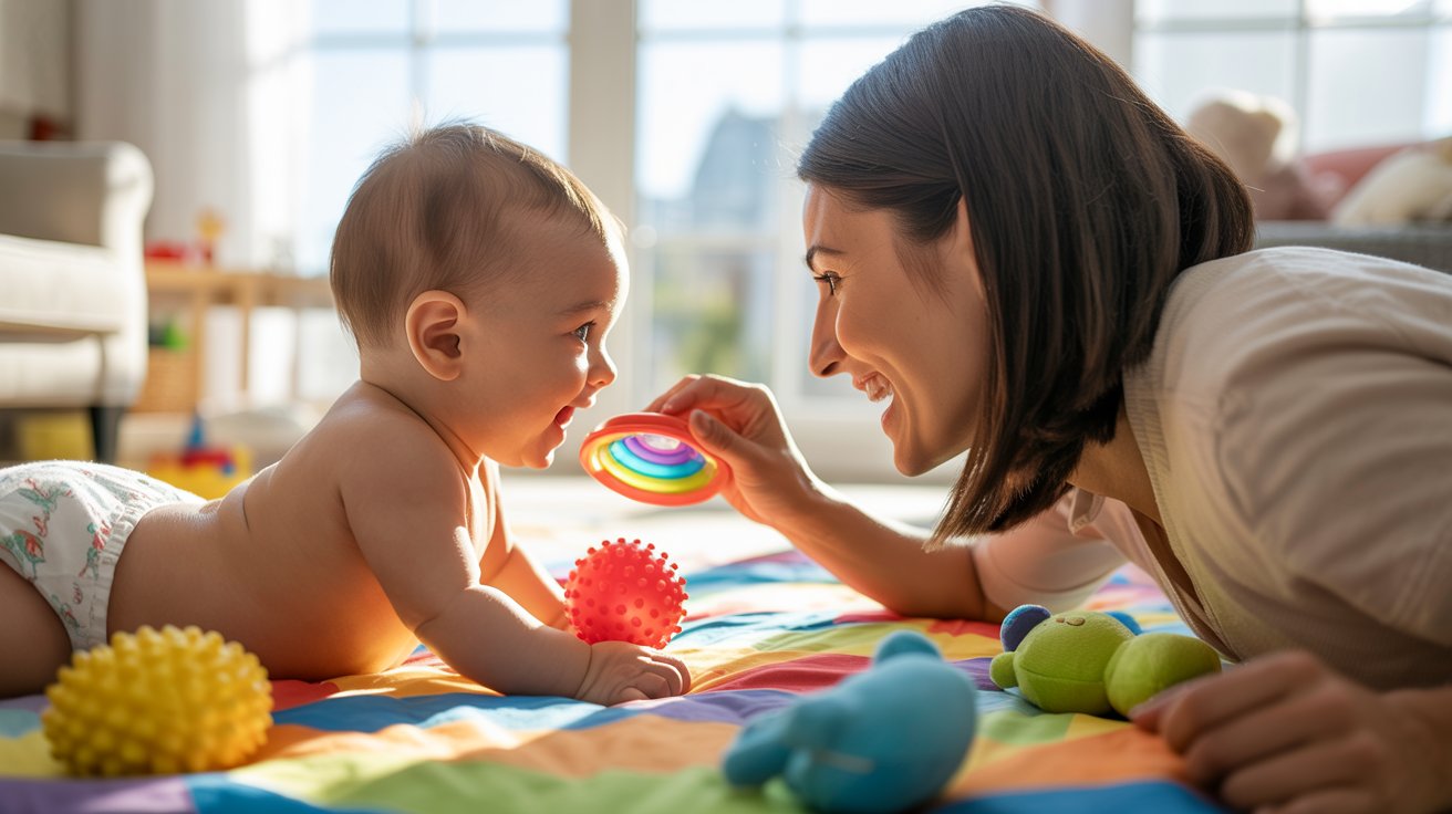 Parent encouraging baby to practice reaching skills