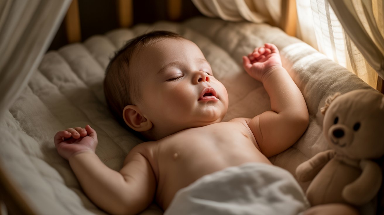 Baby using arms-up posture while self-soothing during sleep.