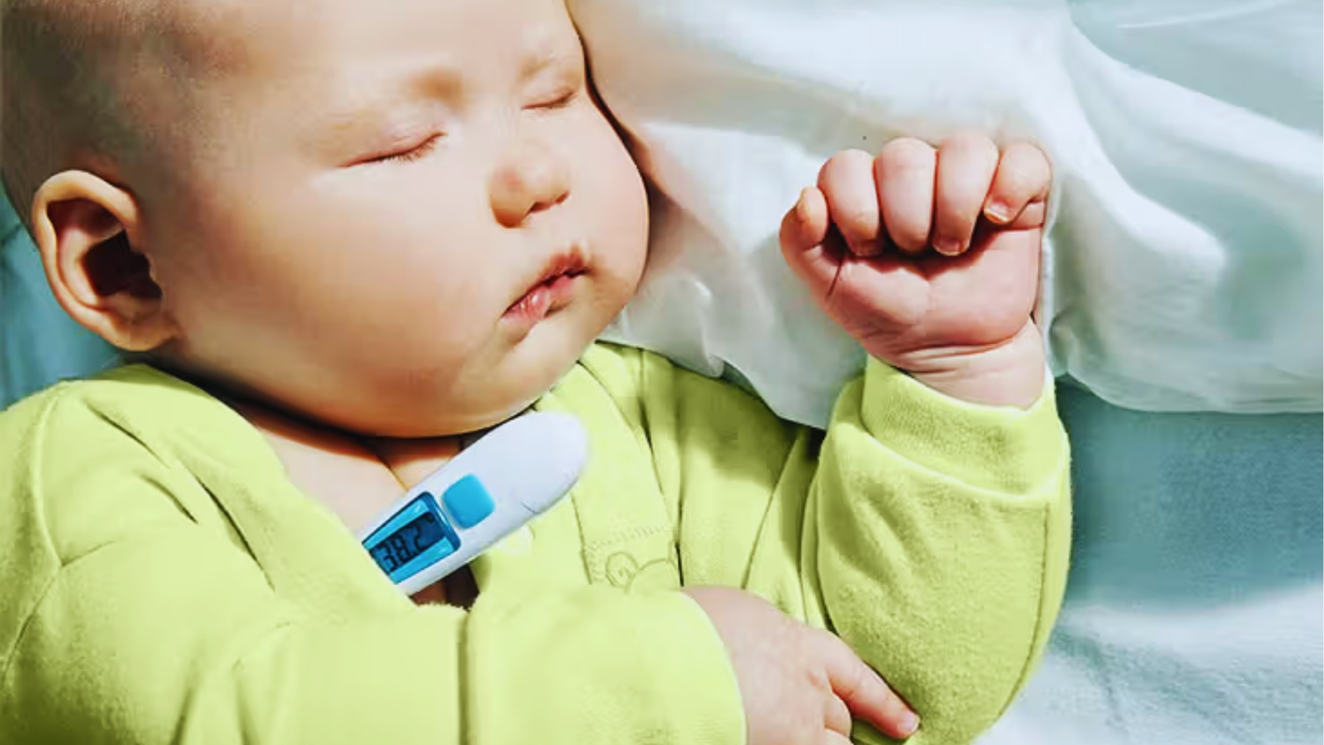 Sleeping baby with digital thermometer reading 38.2°C, demonstrating how infant fevers often peak at night and improve by morning
