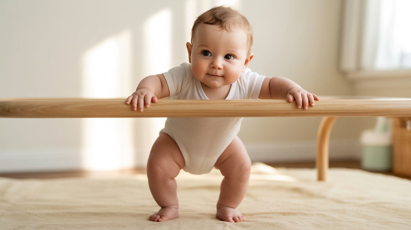 baby standing showing both knees clearly in soft natural lighting educational parenting illustration style