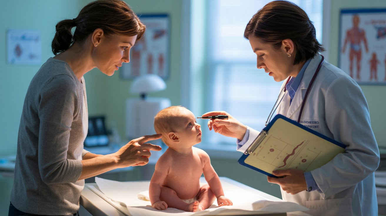 Concerned parents consulting pediatrician about baby head shape during medical examination in calm clinic setting