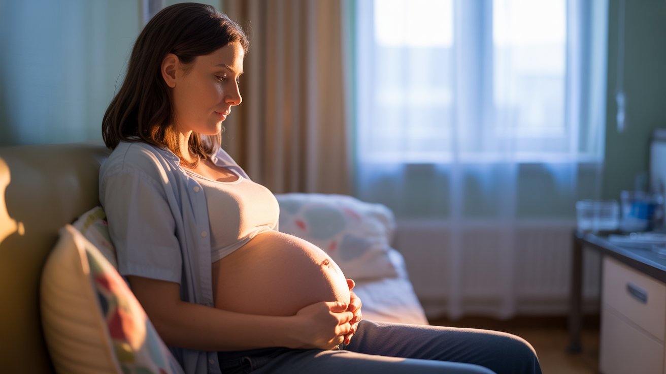 Pregnant woman sitting near window with soft daylight illuminating her abdomen in calm maternity room setting