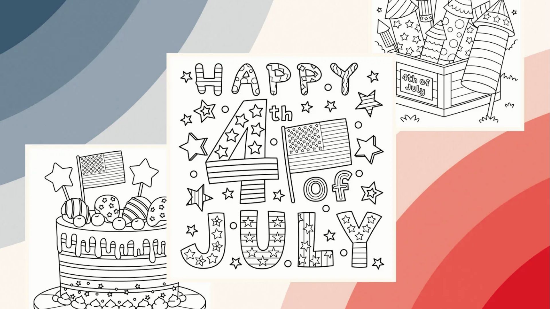 Printable 4th of July coloring pages featuring a cake, โHappy 4th of Julyโ lettering, and fireworks.
