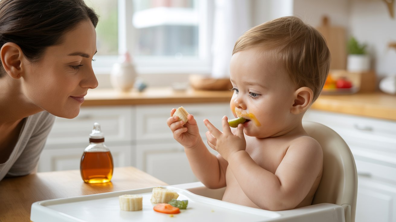 Parent supervising baby eating soft foods with maple syrup nearby during safe family mealtime indoors