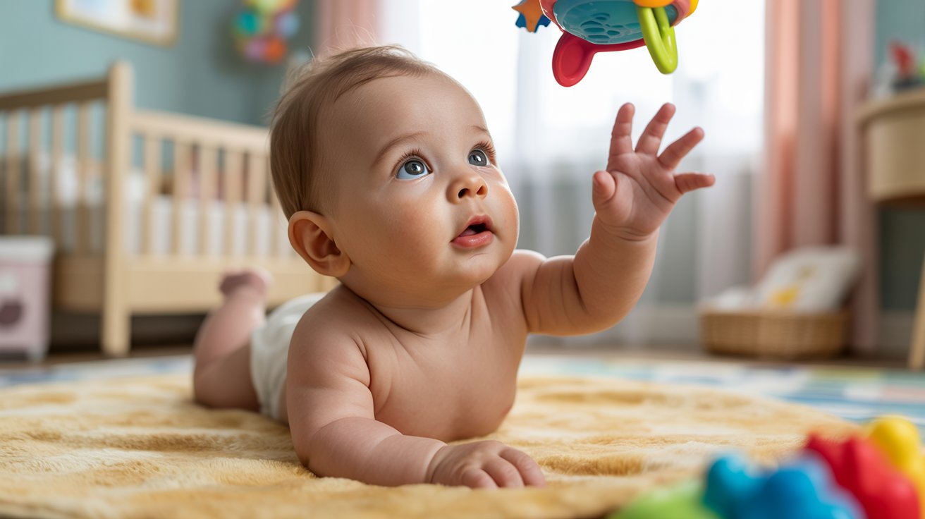 Baby reaching toward a hanging toy during early development stage
