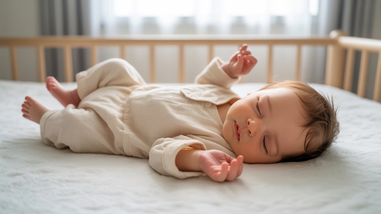Relaxed infant comfortably sleeping with arms raised.