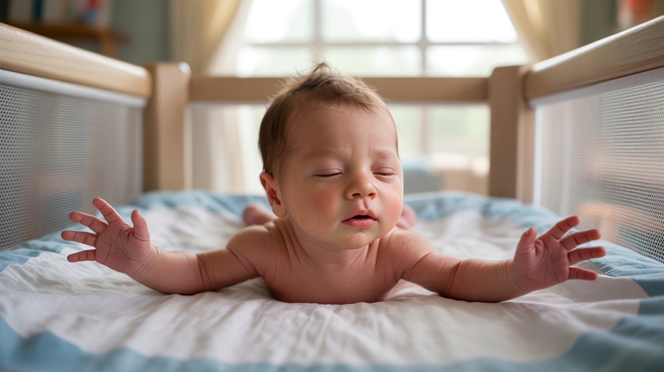 Newborn displaying the Moro startle reflex during sleep.