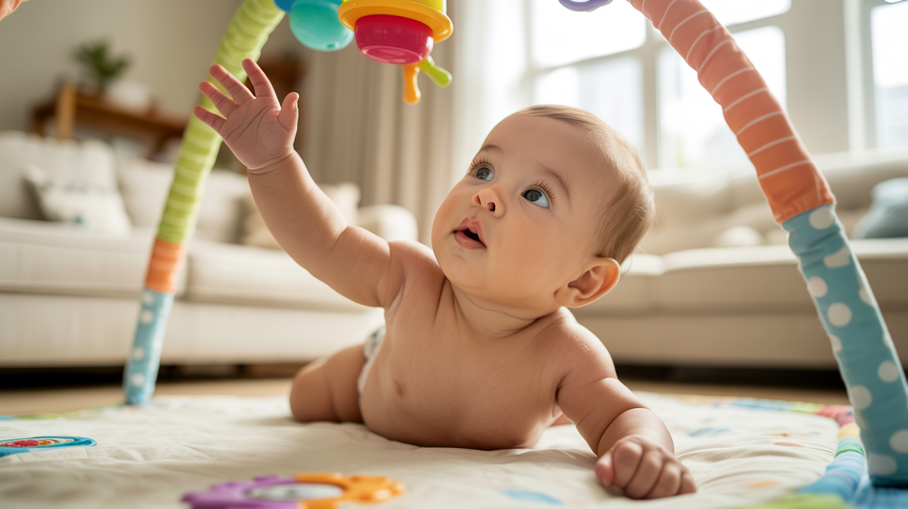 Infant attempting to reach for a toy during tummy time