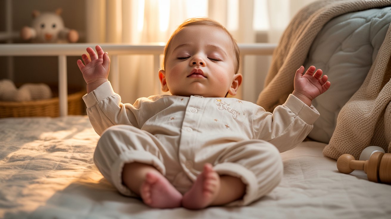 Baby comfortably sleeping with arms raised by preference.